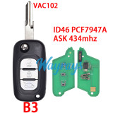 For Renault ID46 chip PCF7947A with ASK 434mhz 2/3 button remote key,VA2 blade