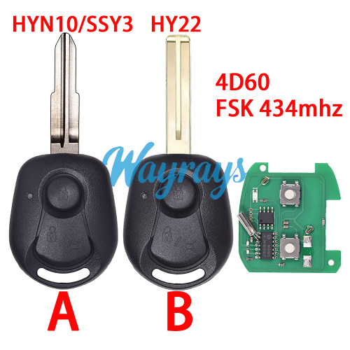 For Ssangyong 4D60 chip with FSK 434mhz 2 button remote key