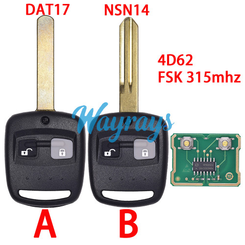 For Subaru 4D62 chip with FSK 315mhz 2 button remote key