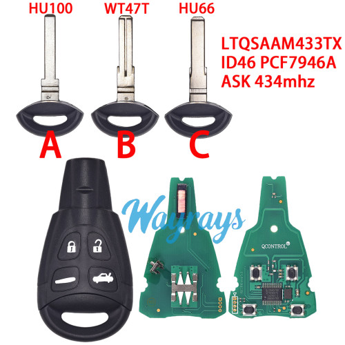 For SAAB LTQSAAM433TX ID46 chip PCF7946A with ASK 434mhz 4 button remote key