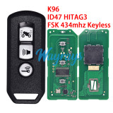 For Motorcycle Honda K96 ID47 chip HITAG3 with FSK 434mhz keyless 3 button remote key,with matching code