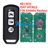For Motorcycle Honda K01/K35 ID47 chip HITAG3 with FSK 434mhz keyless 3 button remote key,with matching code