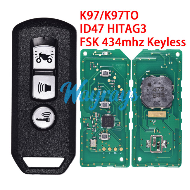 For Motorcycle Honda K97/K97TO ID47 chip HITAG3 with FSK 434mhz keyless 3 button remote key,with matching code