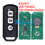 For Motorcycle Honda K23/K77 ID47 chip HITAG3 with FSK 434mhz keyless 3 button remote key,with matching code