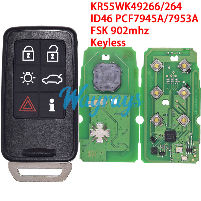 For Volvo KR55WK49266/264 ID46 chip PCF7945A/7953A with FSK 902mhz keyless 5+1 button remote key