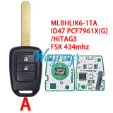 For Honda MLBHLIK6-1TA ID47 chip PCF7961X(G)/HITAG3 with FSK 434mhz 2/3 button remote key