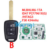 For Honda MLBHLIK6-1TA ID47 chip PCF7961X(G)/HITAG3 with FSK 434mhz 2/3 button remote key