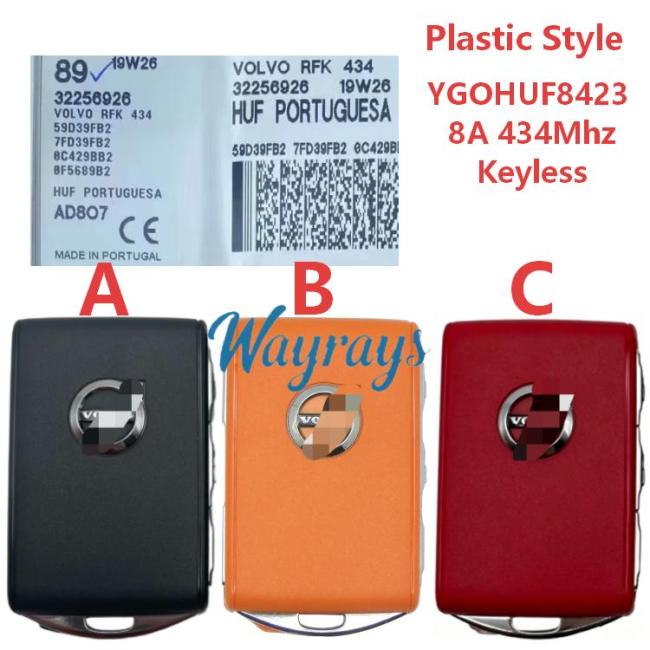 Original Plastic Style for Volvo YGOHUF8423 8A chip with 434mhz 4 button keyless remote key