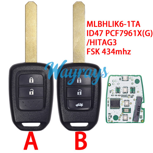 For Honda MLBHLIK6-1TA ID47 chip PCF7961X(G)/HITAG3 with FSK 434mhz 2/3 button remote key