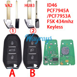 For  Citroen/Peugeot ID46 chip PCF7945A/PCF7953A with FSK 434mhz keyless 3 button remote key