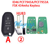 For  Citroen/Peugeot ID46 chip PCF7945A/PCF7953A with FSK 434mhz keyless 3 button remote key