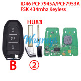 For  Citroen/Peugeot ID46 chip PCF7945A/PCF7953A with FSK 434mhz keyless 3 button remote key