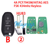 For Peugeot/Citroen 4A 7945M chip HITAG AES with FSK 434mhz keyless 3 button remote key