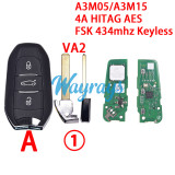 For Citroen A3M05/A3M15 4A chip  HITAG AES with FSK 434mhz keyless 3 button  remote key