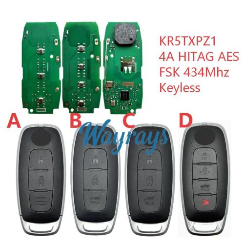 For NIissan KR5TXPZ1 285E3-5MR0B 285E3-5MR1B 285E3-6LY1A S180146119 4A chip HITAG AES with FSK 434mhz keyless remote key
