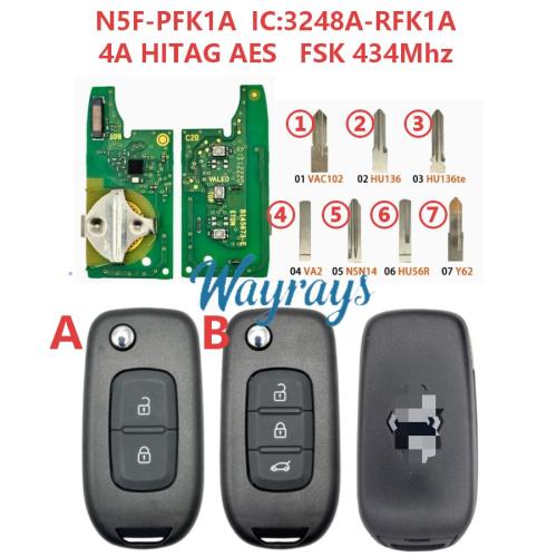 Original for Renault Logan Duster Sandero Oroch N5F-44PFK1A IC:3248A-RFK1A  4A chip HITAG AES with FSK 434mhz 2/3 button remote key,aftermarket shell