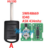 For Opel Corsa Vauxhall 5WK48669 ID40 chip with ASK 434mhz 2 button remote key