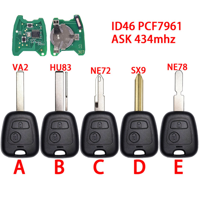 For Citroen/Peugeot ID46 chip PCF7961 with ASK 434mhz 2 button remote key
