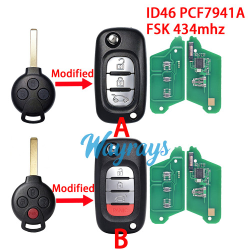For Benz ID46 chip PCF7941A with FSK 434mhz 3/3+1 button modified remote key