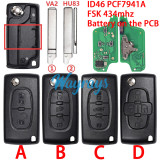 For  Citroen/Peugeot CE0523 ID46 chip PCF7941A with FSK 434mhz 2/3/4 button remote key，battery on the PCB,VA2/HU83 blade