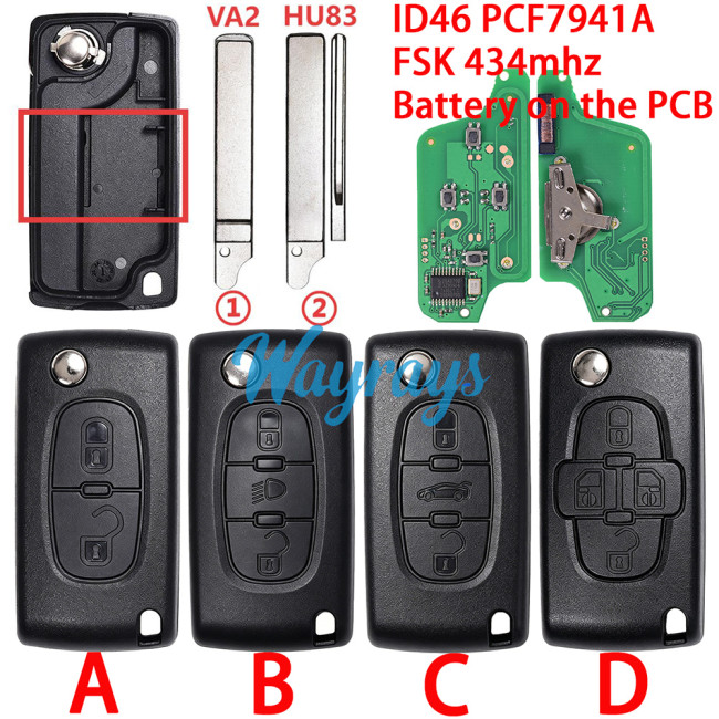 For Citroen/Peugeot CE0523 ID46 chip PCF7941A with FSK 434mhz 2/3/4 button remote key,battery on the PCB,VA2/HU83 blade