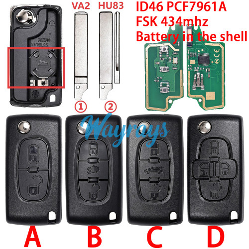 For  Citroen/Peugeot CE0536 ID46 chip PCF7961A with FSK 434mhz 2/3 button remote key,battery in the shell,VA2/HU83 blade