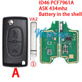 For  Citroen/Peugeot CE0536 ID46 chip PCF7961A with ASK 434mhz 2/3 button remote key,battery in the shell,VA2/HU83 blade