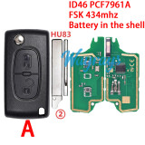 For  Citroen/Peugeot CE0536 ID46 chip PCF7961A with FSK 434mhz 2/3 button remote key,battery in the shell,VA2/HU83 blade
