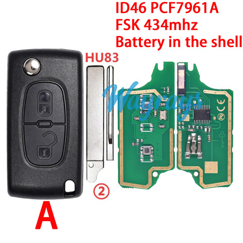 For  Citroen/Peugeot CE0536 ID46 chip PCF7961A with FSK 434mhz 2/3 button remote key,battery in the shell,VA2/HU83 blade