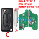 For  Citroen/Peugeot CE0523 ID46 chip PCF7941A with ASK 434mhz 2/3/4 button remote key，battery on the PCB,VA2/HU83 blade
