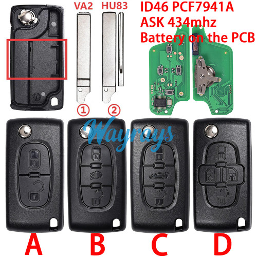 For  Citroen/Peugeot CE0523 ID46 chip PCF7941A with ASK 434mhz 2/3/4 button remote key，battery on the PCB,VA2/HU83 blade