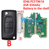 For  Citroen/Peugeot CE0536 ID46 chip PCF7961A with ASK 434mhz 2/3 button remote key,battery in the shell,VA2/HU83 blade