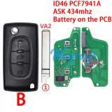 For  Citroen/Peugeot CE0523 ID46 chip PCF7941A with ASK 434mhz 2/3/4 button remote key，battery on the PCB,VA2/HU83 blade