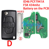 For  Citroen/Peugeot CE0523 ID46 chip PCF7941A with FSK 434mhz 2/3/4 button remote key，battery on the PCB,VA2/HU83 blade