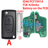 For  Citroen/Peugeot CE0523 ID46 chip PCF7941A with FSK 434mhz 2/3/4 button remote key，battery on the PCB,VA2/HU83 blade