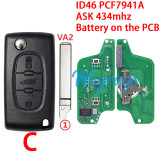 For  Citroen/Peugeot CE0523 ID46 chip PCF7941A with ASK 434mhz 2/3/4 button remote key，battery on the PCB,VA2/HU83 blade