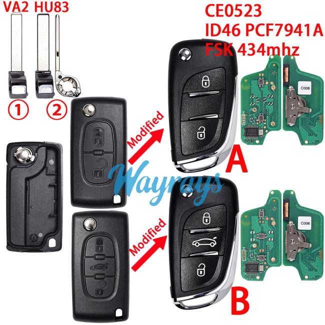 For Citroen/Peugeot CE0523 ID46 chip PCF7941A with FSK 434mhz 2/3button Modified remote key,battery on the PCB,VA2/HU83 blade