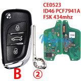 For  Citroen/Peugeot CE0523 ID46 chip PCF7941A with FSK 434mhz 2/3button Modified remote key，battery on the PCB,VA2/HU83 blade