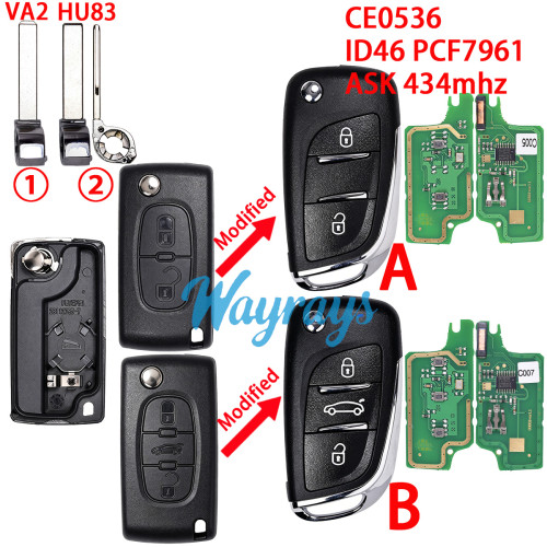 For Citroen/Peugeot CE0536 ID46 chip PCF7961 with ASK 434mhz 2/3 button modified remote key.battery in the shell,VA2/HU83 blade