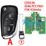 For Citroen/Peugeot CE0536 ID46 chip PCF7961 with FSK 434mhz 2/3 button modified remote key.battery in the shell,VA2/HU83 blade