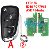For Citroen/Peugeot CE0536 ID46 chip PCF7961 with ASK 434mhz 2/3 button modified remote key.battery in the shell,VA2/HU83 blade