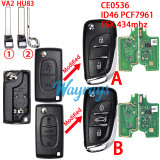 For Citroen/Peugeot CE0536 ID46 chip PCF7961 with FSK 434mhz 2/3 button modified remote key.battery in the shell,VA2/HU83 blade