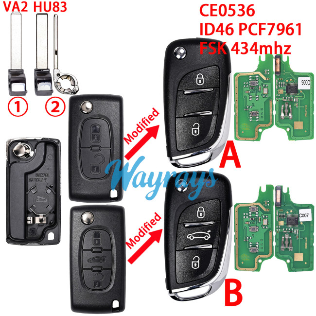 For Citroen/Peugeot CE0536 ID46 chip PCF7961 with FSK 434mhz 2/3 button modified remote key.battery in the shell,VA2/HU83 blade