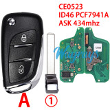 For  Citroen/Peugeot CE0523 ID46 chip PCF7941A with ASK 434mhz 2/3button Modified remote key，battery on the PCB,VA2/HU83 blade