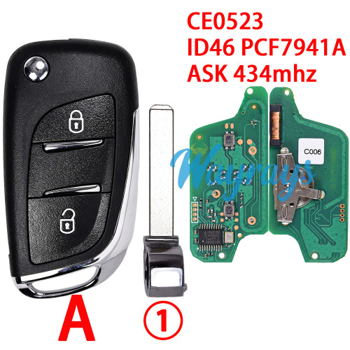 For  Citroen/Peugeot CE0523 ID46 chip PCF7941A with ASK 434mhz 2/3button Modified remote key，battery on the PCB,VA2/HU83 blade