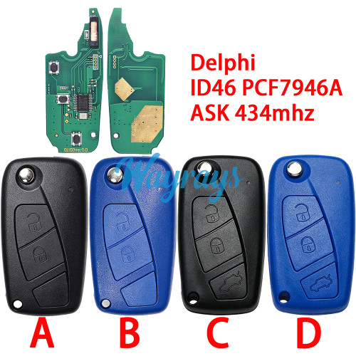 For Fiat Delphi BSI System ID46 chip PCF7946A with ASK 434mhz 2/3 button remote key