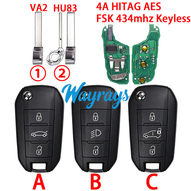 For Peugeot/Citroen 4A chip HITAG AES with FSK 434mhz keyless 3 button remote key