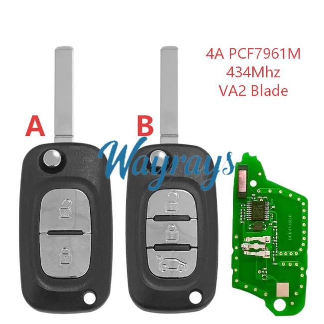 For Renault 4A chip PCF7961M with 434mhz keyless 2/3 button remote key,VA2 blade