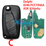 For Fiat Delphi BSI System ID46 chip PCF7946A with ASK 434mhz 2/3 button remote key