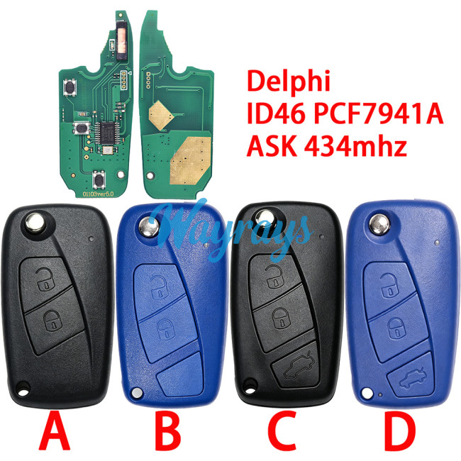 For Fiat ID46 chip PCF7941A with ASK 434mhz black 2/3 button remote key,SIP22 blade